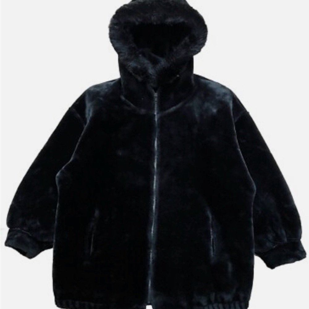 VTG  Charles Klein Woman’s Black Faux Fur ZIP Coat Jacket Hooded Size 4 M-L-XL